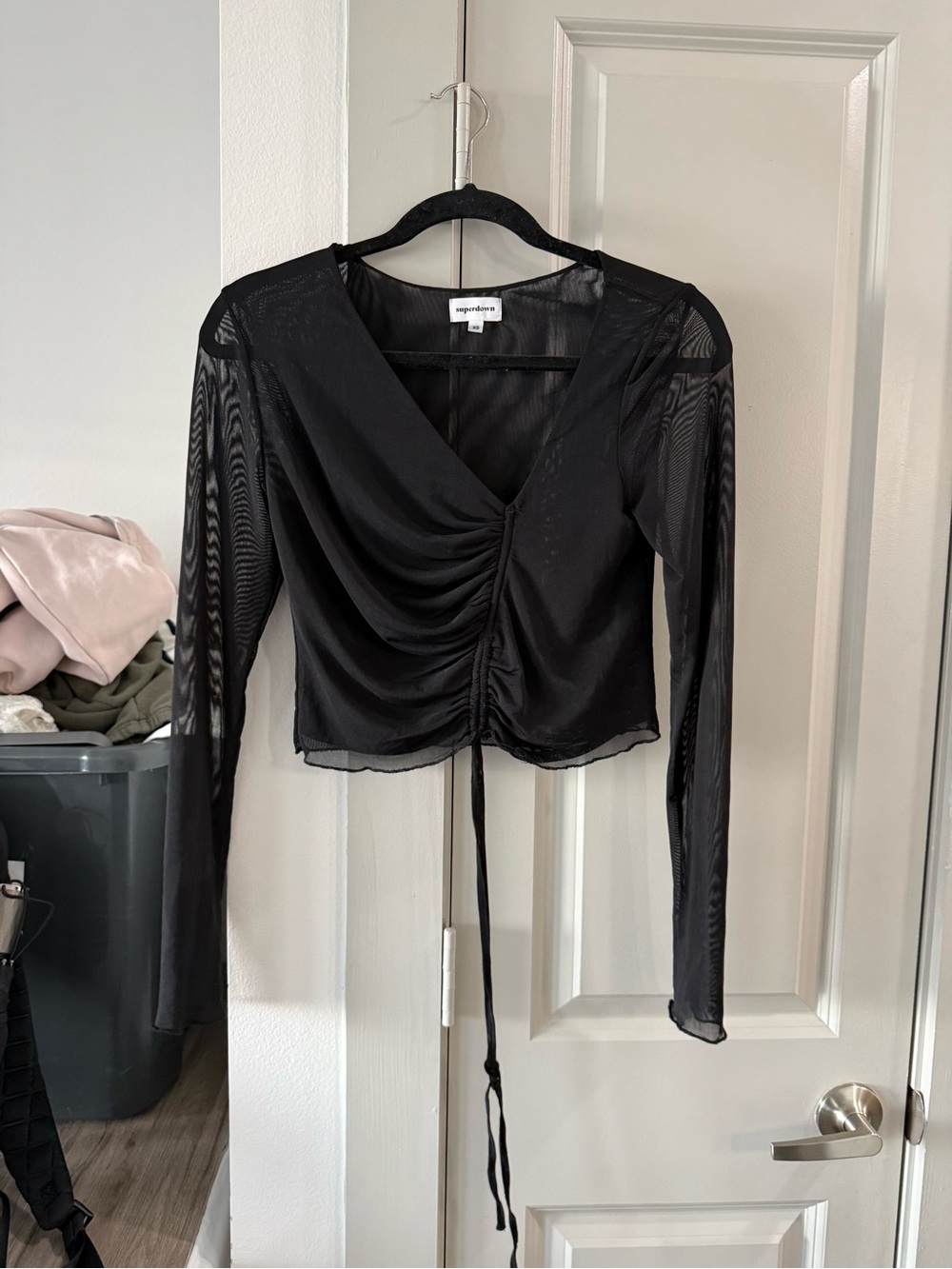 superdown Black Sheer Mesh Ruched Long Sleeve Top